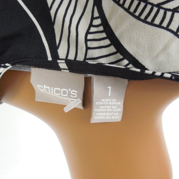 CHICO'S Top M Sz 1 Black/Red/Tan Blouse Stretch 3/4 Split Sleeves Casual Party - Picture 9 of 11